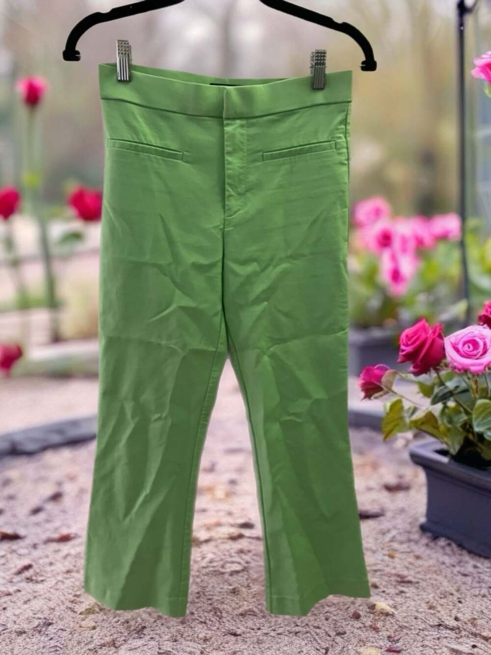 Zara Women's Cropped Flare Trousers Lime Green